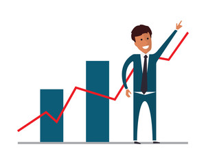 Businessman showing growing charts. Flat vector illustration.