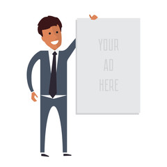 Business man holding banner with place for advertisement. Flat vector illustration