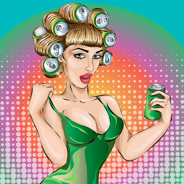 Sexy pop art woman with hair curler