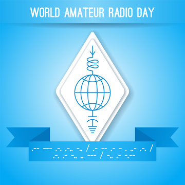 World Amateur Radio Day. Blue And White Vector Illustration. Ham Radio Symbol, Circuit Diagram With Antenna, Inductor And Ground. Morse Code