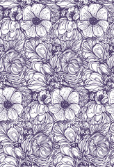 print, seamless floral pattern, purple bouquet outline on a white background, vector illustration