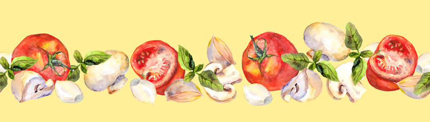 Panele Szklane Podświetlane  Wzorzyste tło z warzywami wegetariańskimi: pomidorami, grzybami, czosnkiem i bazylią
