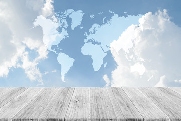 Fototapeta na wymiar Blue sky cloud with Wood terrace and world map