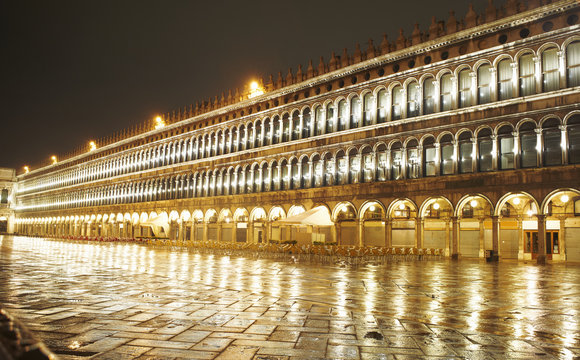 Night time view of St Marks square, Venice, Italy