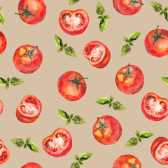 Seamless repeated backdrop with tomato vegetables and green basil 