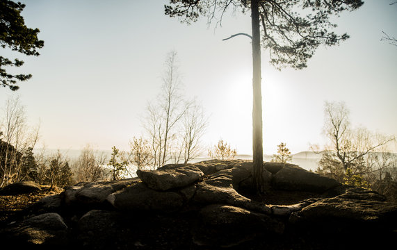 Rock formation and silhouetted tree