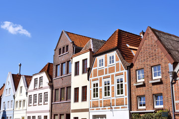 Line of houses in the old town of Buxtehude, Germany. Hamburg, North Germany. Historical city with old houses. Old facades.