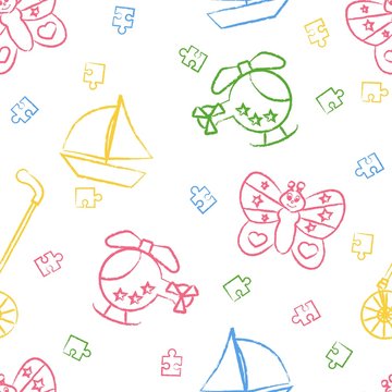 Seamless pattern children's color crayon drawings on white background. Hand-drawn style. Seamless vector wallpaper with the image Rolling toys, butterfly, helicopter, boat, puzzle