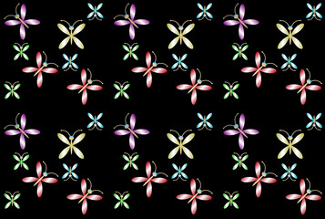seamless pattern of colored butterflies on a black background