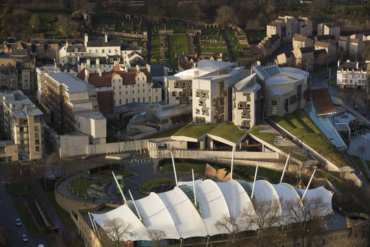 View of the Scottish Parliament and the Dynamic Earth visitor attraction from Salisbury Crags in Edinburgh, Scotland