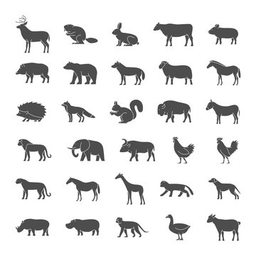 Set of vector illustrations farm animals icon set. Collection black silhouettes of wild animals.