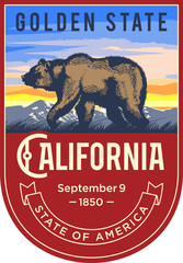 Калифорния эмблема штата США, медведь на восходе на красном фоне