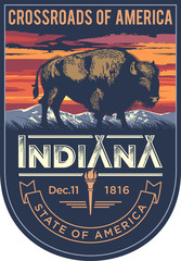 Индиана эмблема штата США, бизон на закате на синем фоне