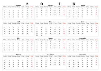Simple English calendar 2016