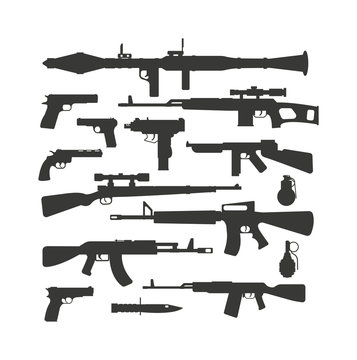 Weapon collection different military automatic gun shot machines silhouette police bullet vector. 