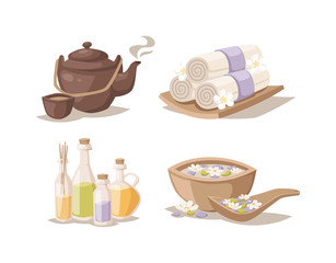 Spa sketch decorative symbols set with bamboo towels aroma candles oils vector. 