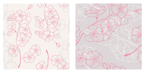 set of spring seamless patterns. floral backgrounds with sakura branches © mashikomo