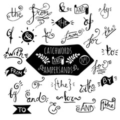 Big set of handdrawn ampersands and catchwords.
