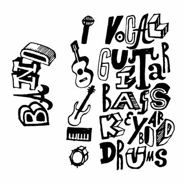 Music Band instruments hand drawn icons. Vector illustration.