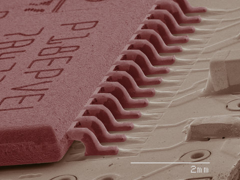 Coloured SEM of computer chip
