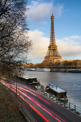 Before sunset at the Eiffel Tower along the Seine River in Paris, France (7th arrondissement)