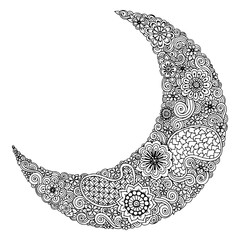 Hand drawn moon with flowers, mandalas and paisley. Black and wh