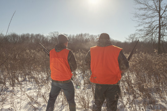 Mid adult man and teenage son hunting in Petersburg State Game Area, Michigan, USA