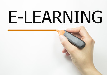 Hand writing e-learning with orange marker on transparent wipe board.