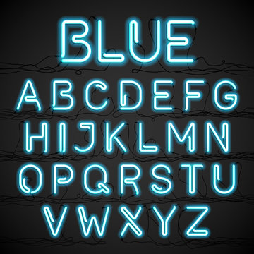 Blue neon light alphabet with cable