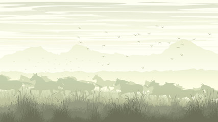 Horizontal illustration of landscape with herd of horses.