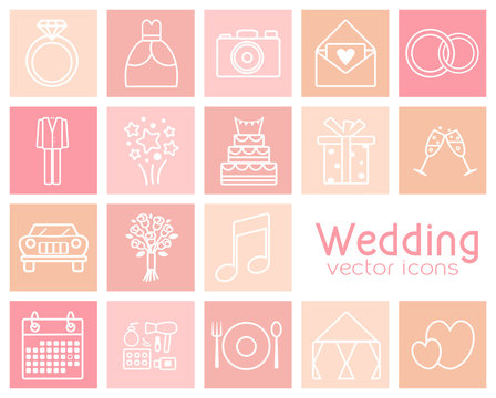 Set of wedding vector icons. Wedding dress, suit, car, engagement ring, bride's bouquet, etc.