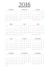 Vector English calendar 2016 year