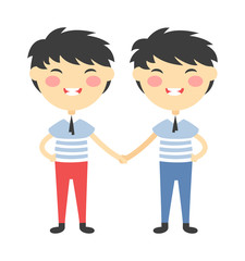 Twins happy kids holding hands boy and girl vector illustration. 
