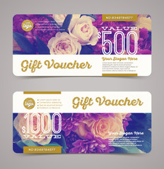 Gift voucher template with  floral background and glitter gold elements. Vector illustration, Design for  invitation, certificate, gift coupon, ticket, voucher, diploma etc.