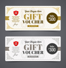 Gift voucher template with glitter gold and silver, Vector illustration, Design for  invitation, certificate, gift coupon, ticket, voucher, diploma etc. - obrazy, fototapety, plakaty