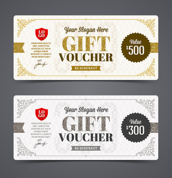 Gift voucher template with glitter gold and silver, Vector illustration, Design for  invitation, certificate, gift coupon, ticket, voucher, diploma etc.