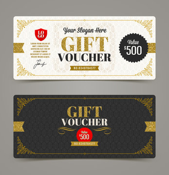 Gift voucher template with glitter gold, Vector illustration, Design for  invitation, certificate, gift coupon, ticket, voucher, diploma etc.