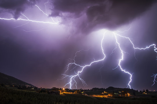 Lightning bolts over south Okanagan Valley, Penticton, British Columbia, Canada