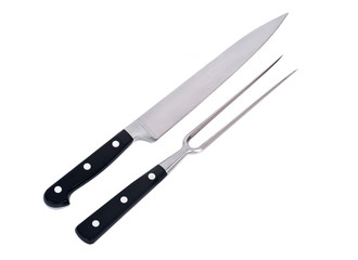 Carving knife and fork separated on white background