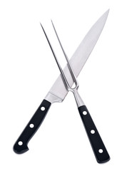 Carving knife and fork separated on white background