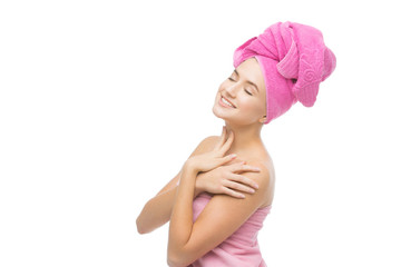 Beautiful girl in pink towel