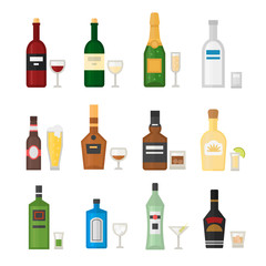 Set of different alcohol drink bottle and glasses vector illustration. 