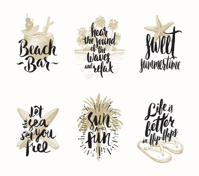 Set of summer holidays and tropical vacation hand drawn vector illustration with handwritten calligraphy quotes, words and phrases.