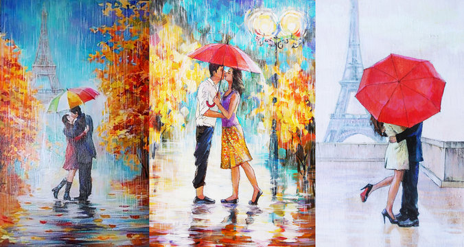 oil painting, a pair of lovers under an umbrella, Eiffel Tower, Paris, valentines day 3 in 1 collage