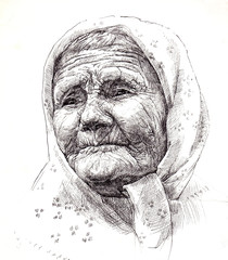 graphically drawing old grandmother. portrait. graphic arts