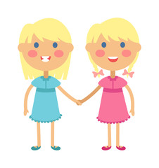 Twins happy kids holding hands boy and girl vector illustration. 