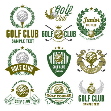 Set of Emblems, Logos and Labels on Golf Theme and for Golf Club. Colored Vector Illustration. Isolated on White Background.