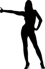 Woman silhouette with raised hand. Hitchhiking concept. 