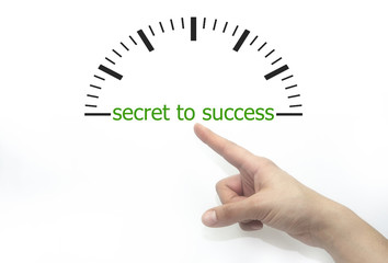 woman pointing hand to secret to success writing and clock. isolated on white