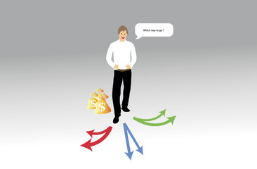 vector image of a lost man with money bags.